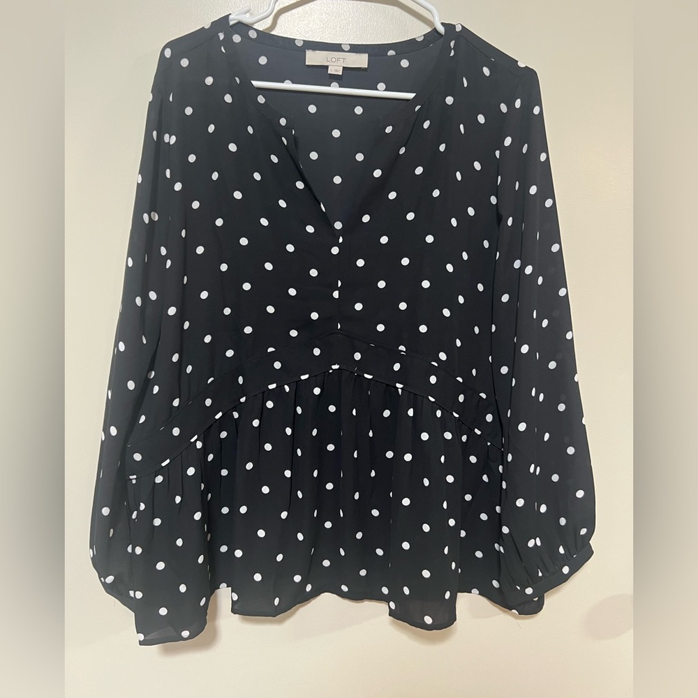 Loft Classic Black & White Polka Dot Blouse size L